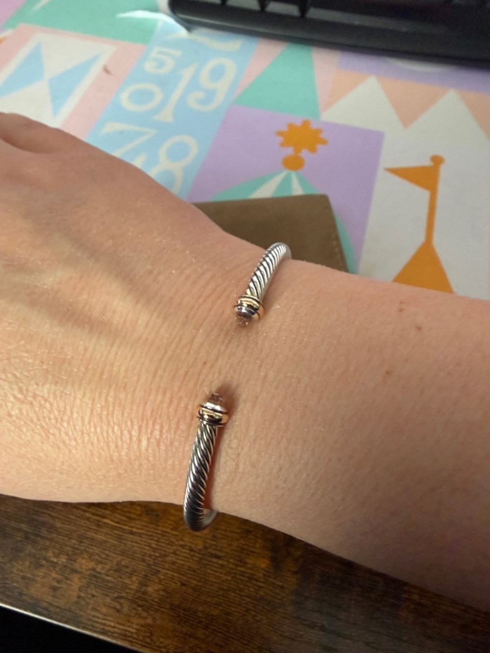 David Yurman Silver Cable Cuff with Rose Gold Accents Size Large - Picture 4 of 7